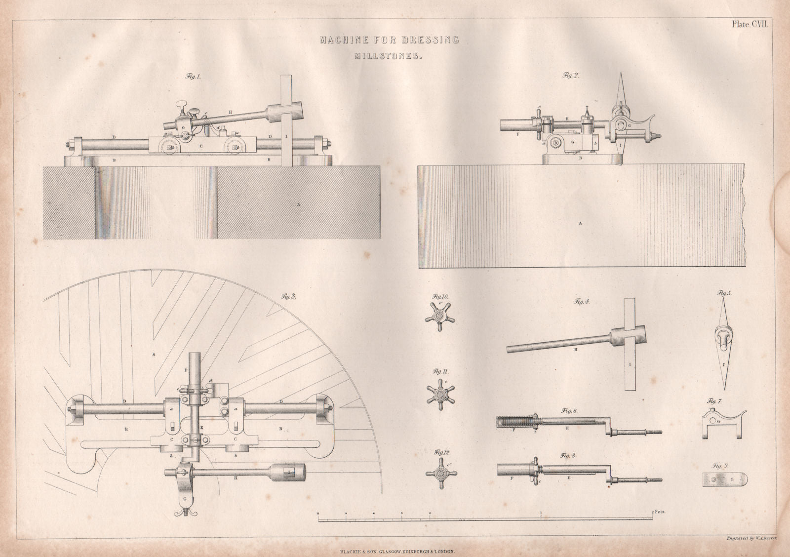 VICTORIAN ENGINEERING DRAWING. Machine for dressing millstones 1847 old print